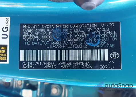 2020 Toyota Prius Prime Le/Xle/Limited from USA, damaged, VIN JTDKARFP4L3150212
